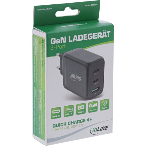 InLine&reg; USB Ladeger&auml;t 3-Port, Dual USB-C + USB-A, 65W, schwarz